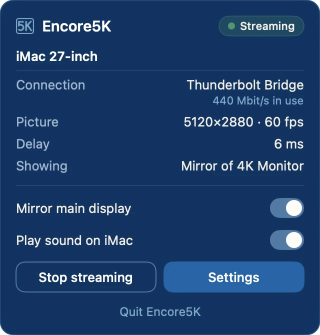 The same panel with Mirror main display switched on: the iMac shows a mirror of the Mac’s 4K monitor.
